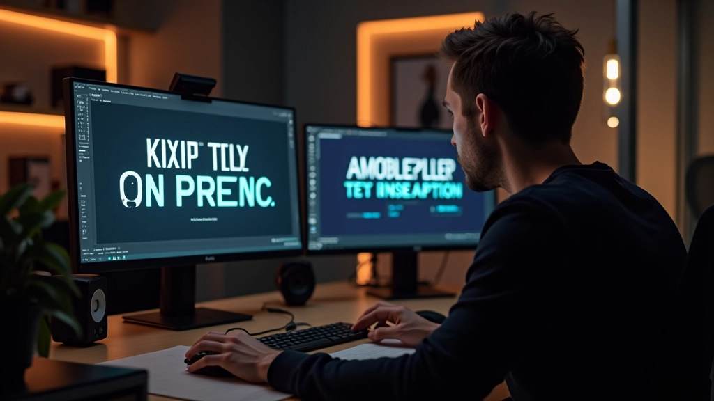 Designer criando animação de texto em software profissional com múltiplos monitores mostrando keyframes