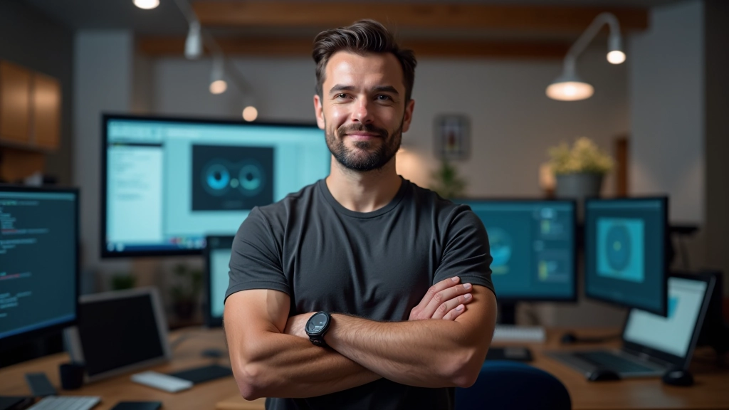 Instrutor de animação de texto em estúdio de design, retrato em plano médio, workspace com monitores