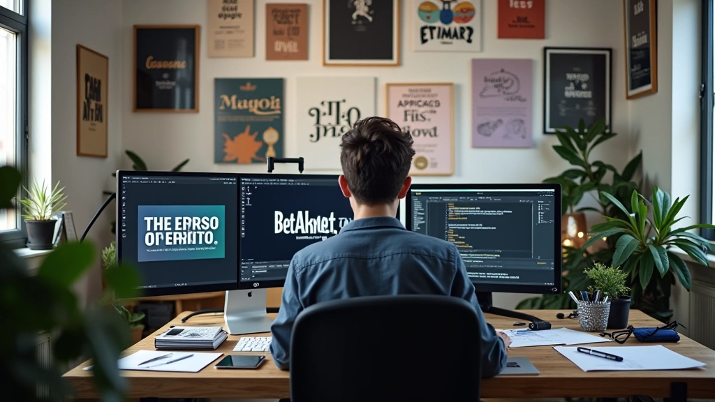 Estúdio de design moderno com tipografia cinética em progresso