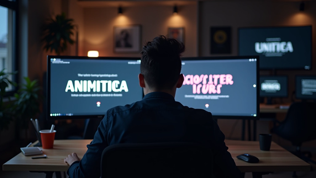 Designer criando animações de texto em estúdio moderno com múltiplos monitores mostrando sequências de títulos